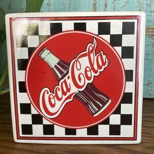 Vtg Coca-Cola Napkin Holder Black & White Checkerboard Ceramic Bottle Logo 1995